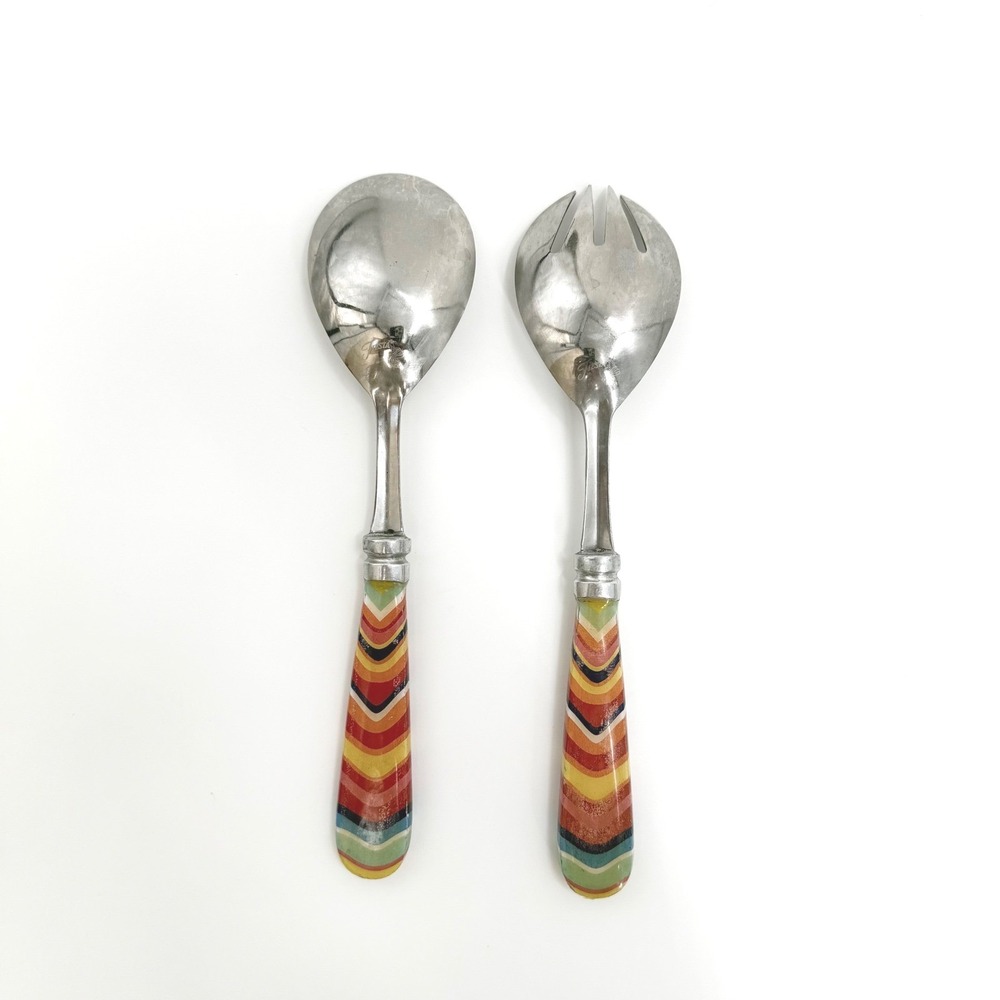 Rare Fiestawear Stainless Two Piece‎ Rainbow Chevron Salad Server Fork Spoon Set - Picture 2 of 8